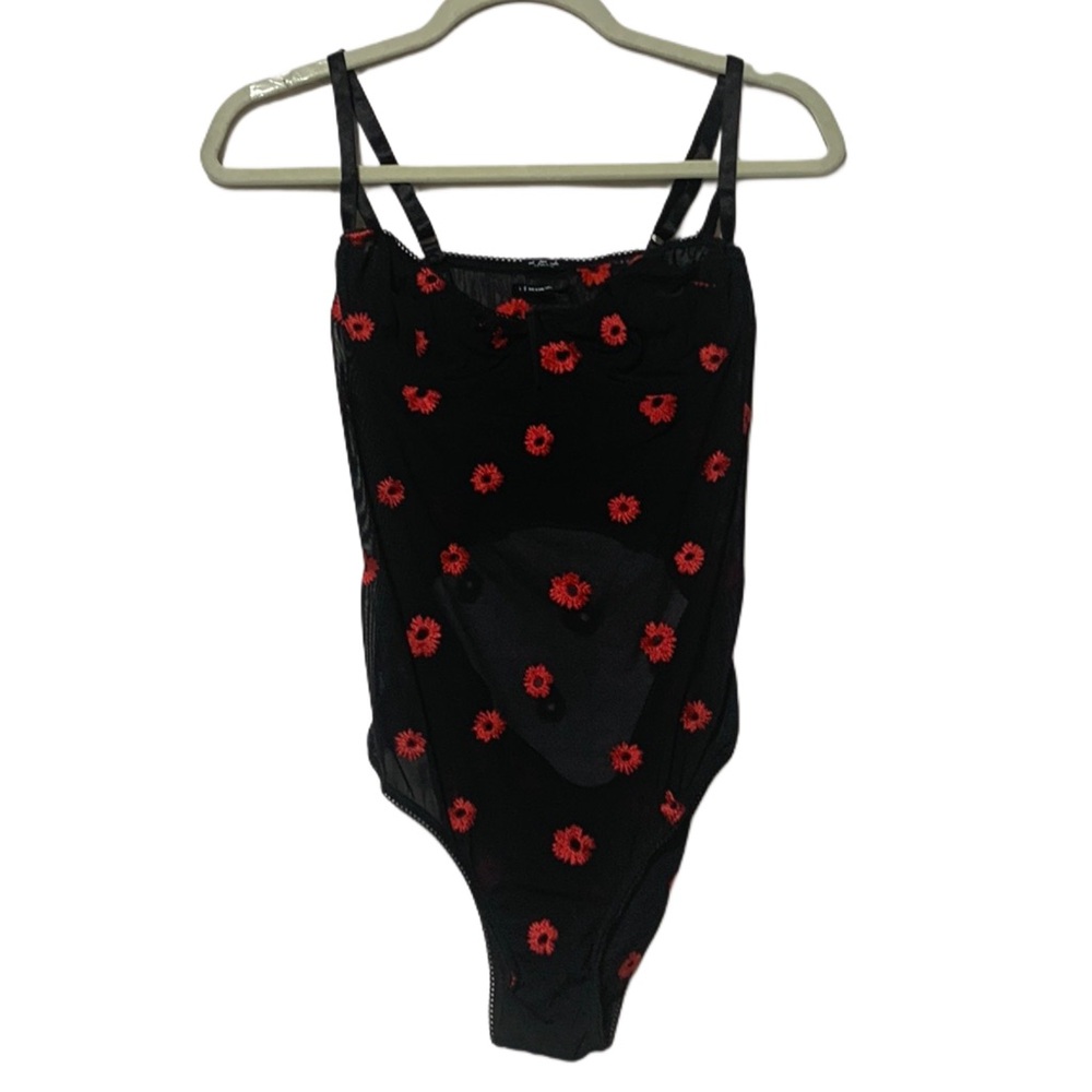 Out From Under Urban Outfitters Black Mesh Red Floral Bodysuit